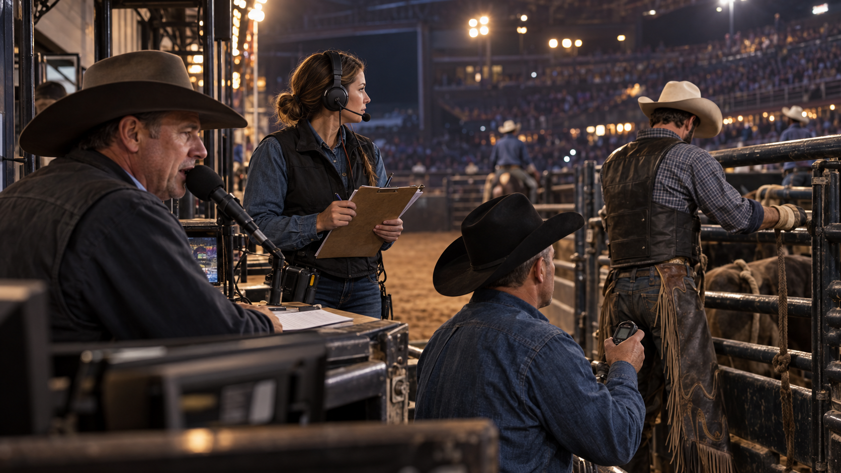 Rodeo production team working beside the arena chutes