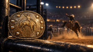 Gold rodeo championship buckle beside an arena during competition