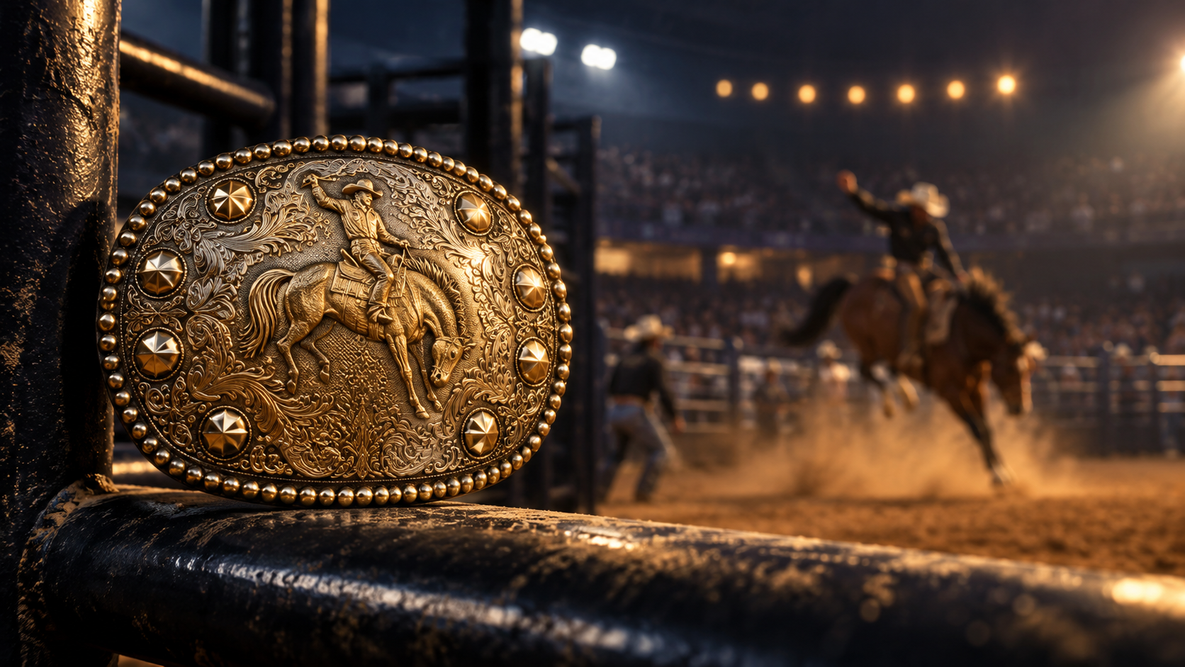 Gold rodeo championship buckle beside an arena during competition