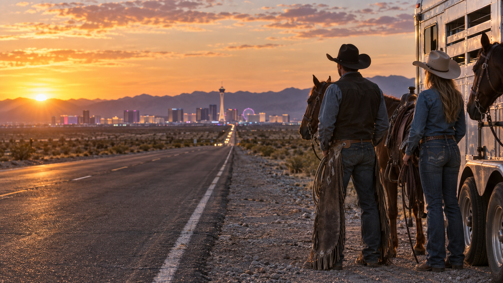Rodeo athletes and horses looking down a desert road toward Las Vegas