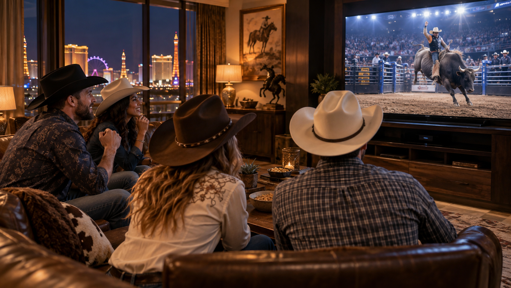Friends in western clothing watching a live rodeo broadcast in Las Vegas