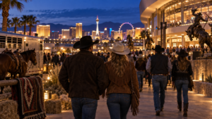 Rodeo fans in western clothing walking toward an arena with the Las Vegas skyline at dusk