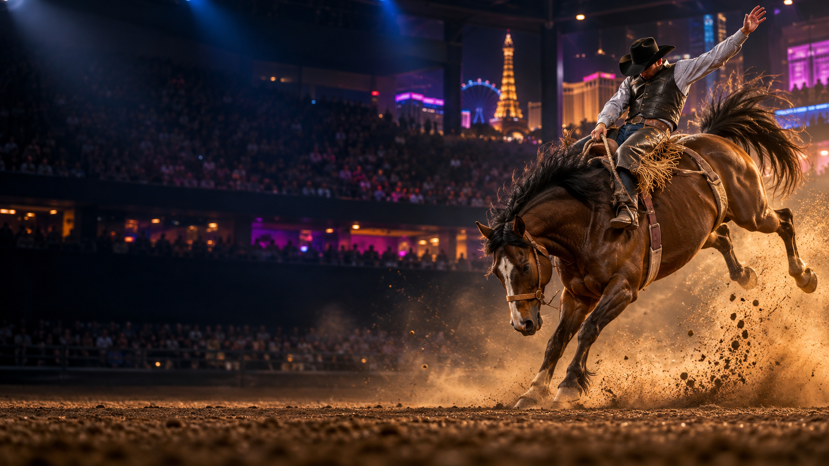 Bronc rider competing in a Las Vegas arena