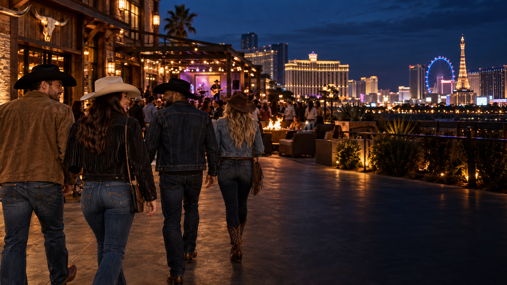 Rodeo fans enjoying the Las Vegas NFR experience at night