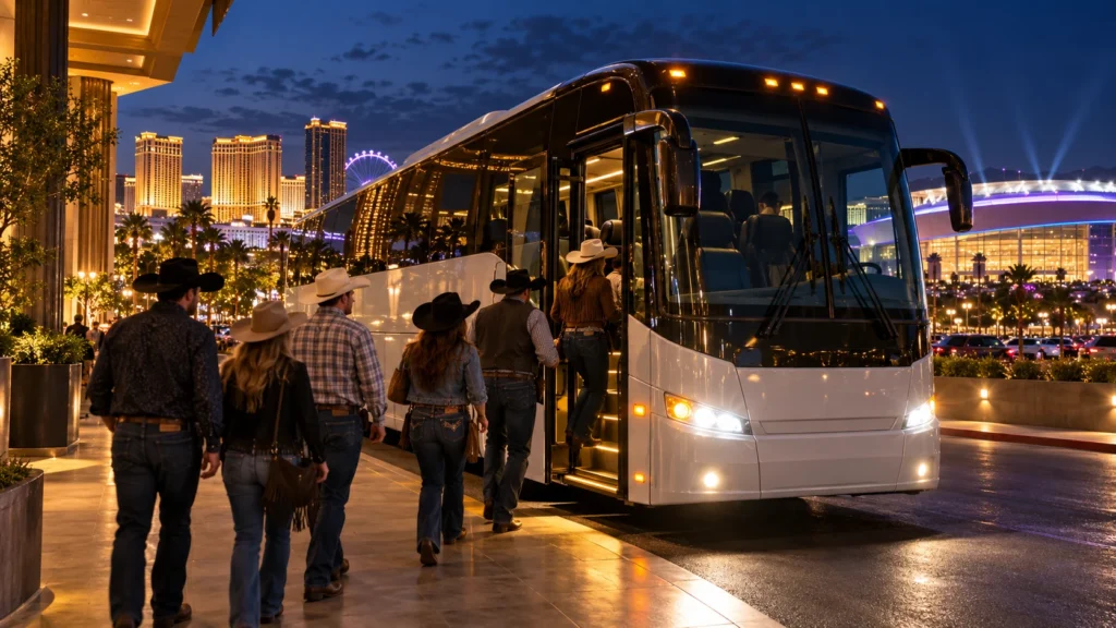 Rodeo fans boarding a complimentary coach bus in Las Vegas before the NFR