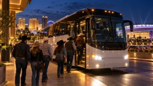 Rodeo fans boarding a complimentary coach bus in Las Vegas before the NFR