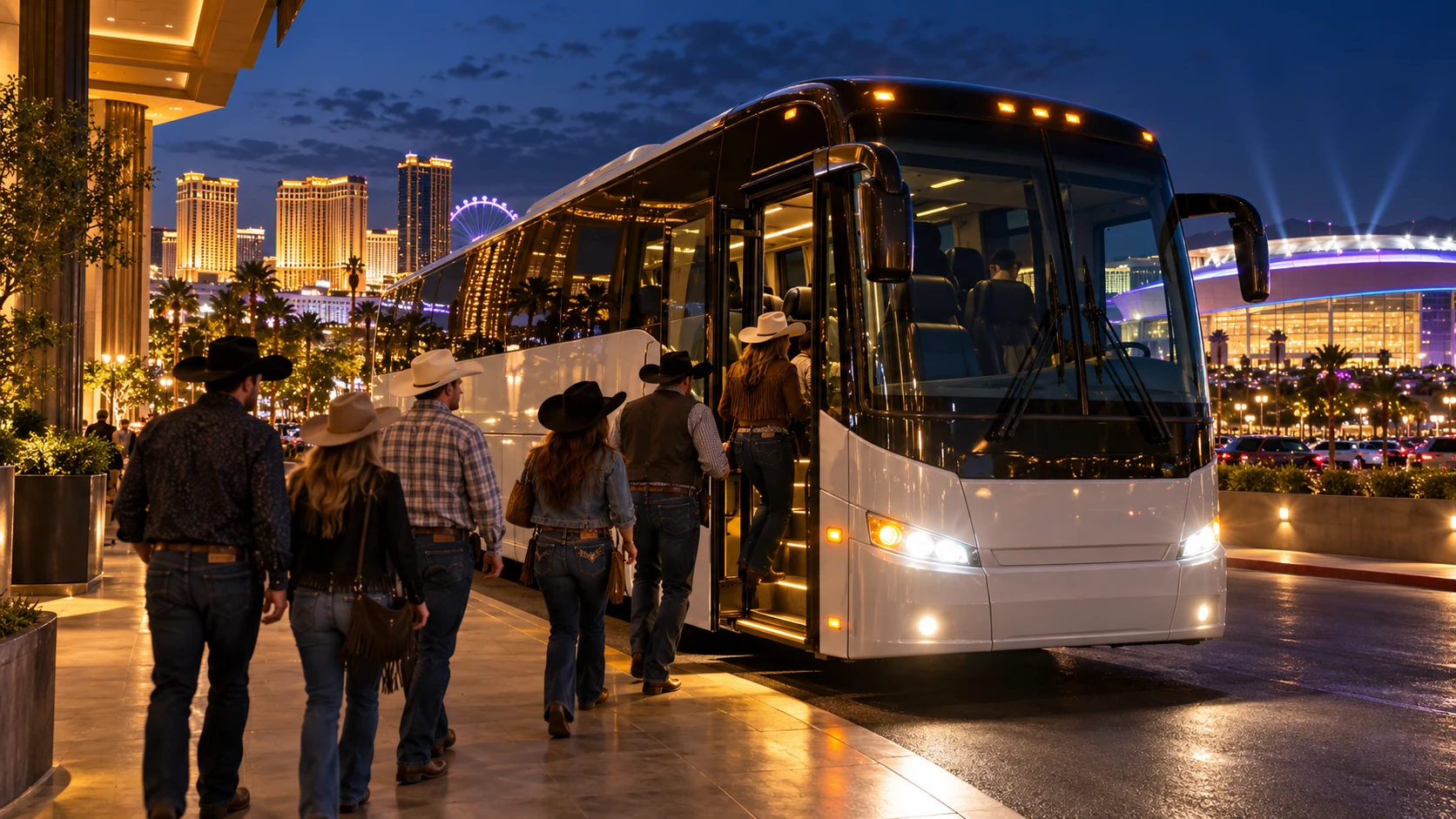Rodeo fans boarding a complimentary coach bus in Las Vegas before the NFR