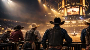Rodeo competitors watching the arena as the 2026 NFR qualification field takes shape