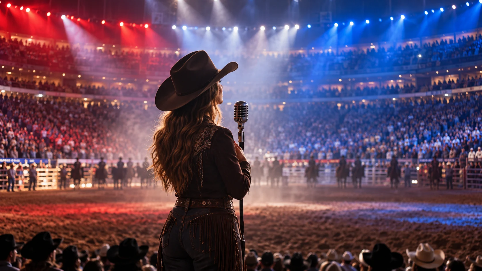 Country singer performing the national anthem inside a packed rodeo arena