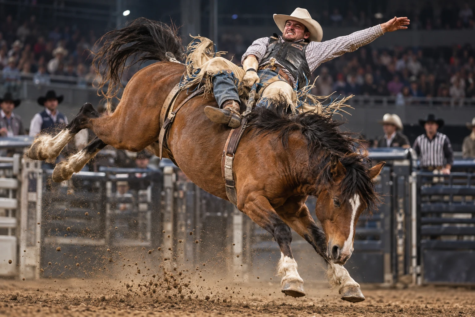 Bareback rider with a clearly visible face making an explosive arena ride