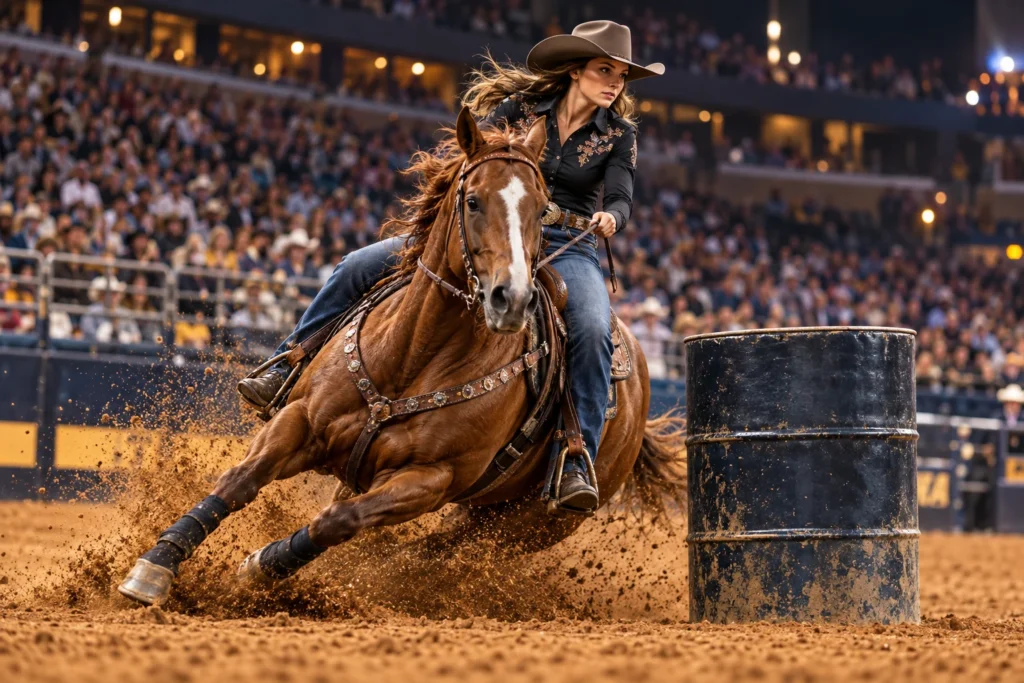 Barrel racer with a visible focused face guiding her horse around a barrel in a packed arena
