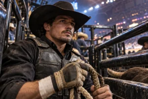 Bull rider with a clearly visible focused face preparing behind the arena chutes