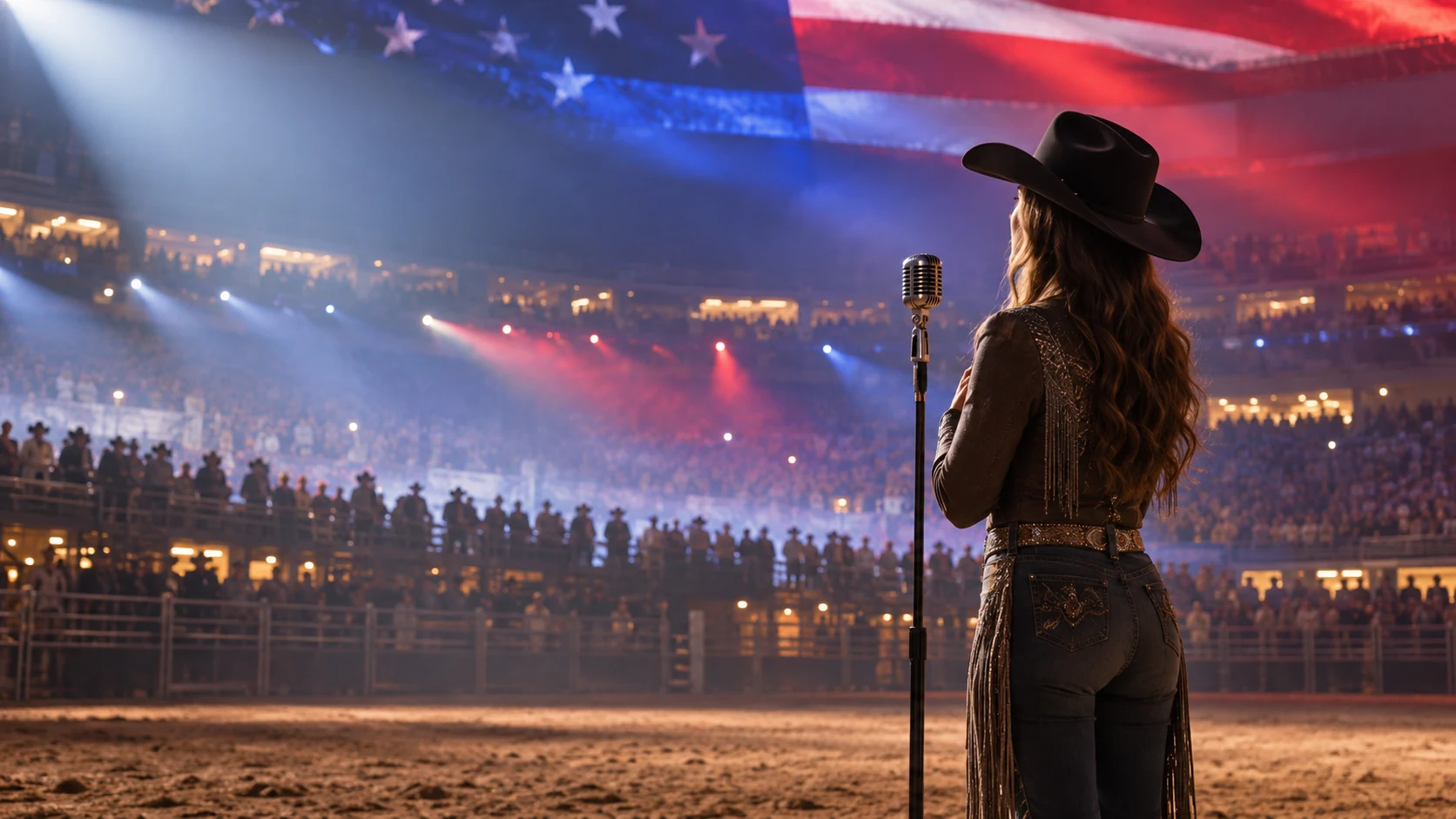 Country singer performing the national anthem in a Las Vegas rodeo arena