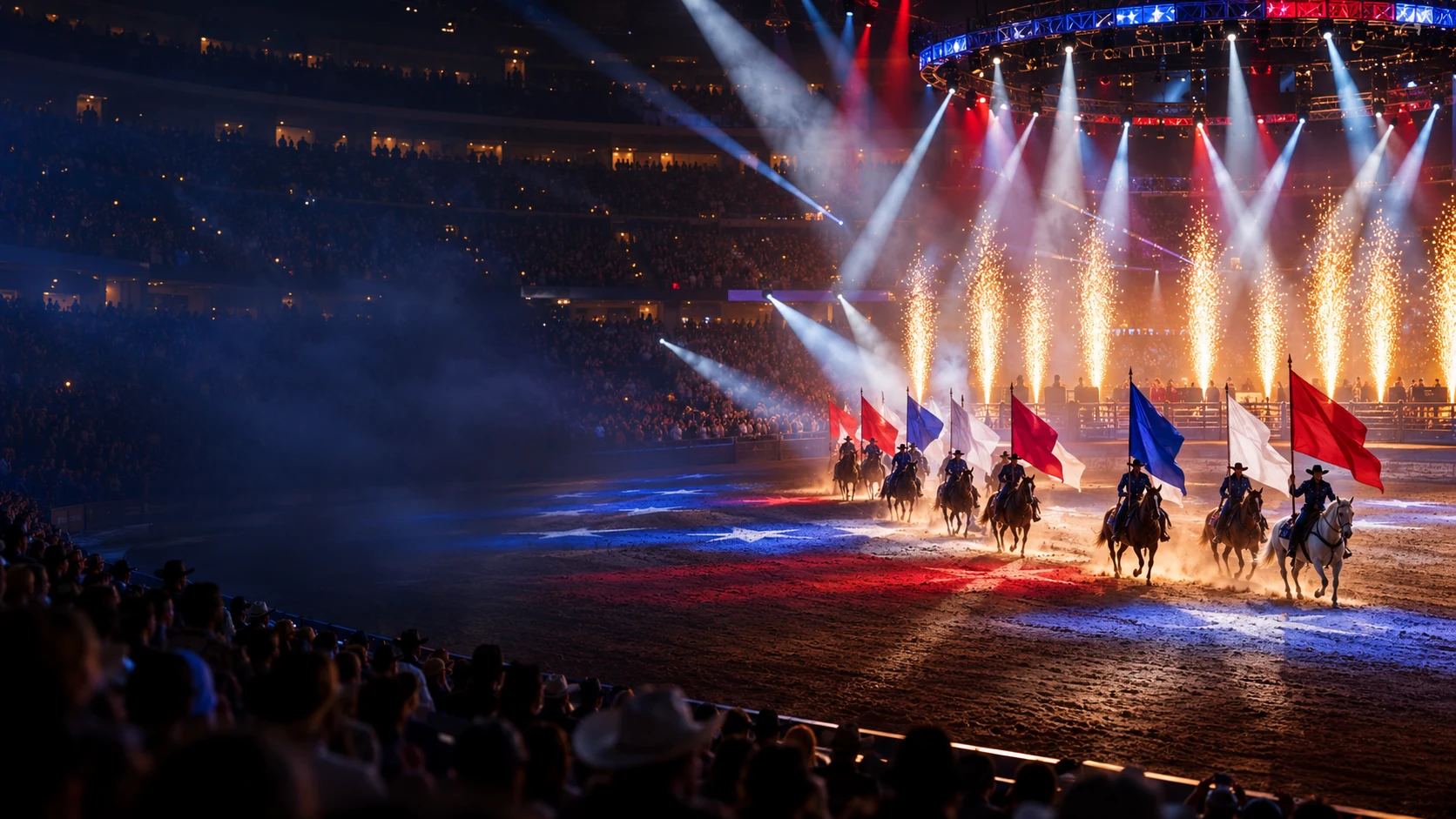 Flag riders and arena pyrotechnics during an NFR opening ceremony in Las Vegas