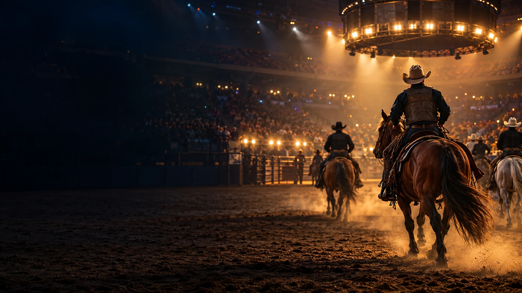 Rodeo contestants entering a packed Las Vegas arena for the 2026 NFR
