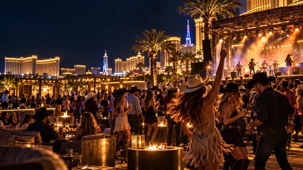Country concert and western nightlife gathering at a Las Vegas resort during rodeo week