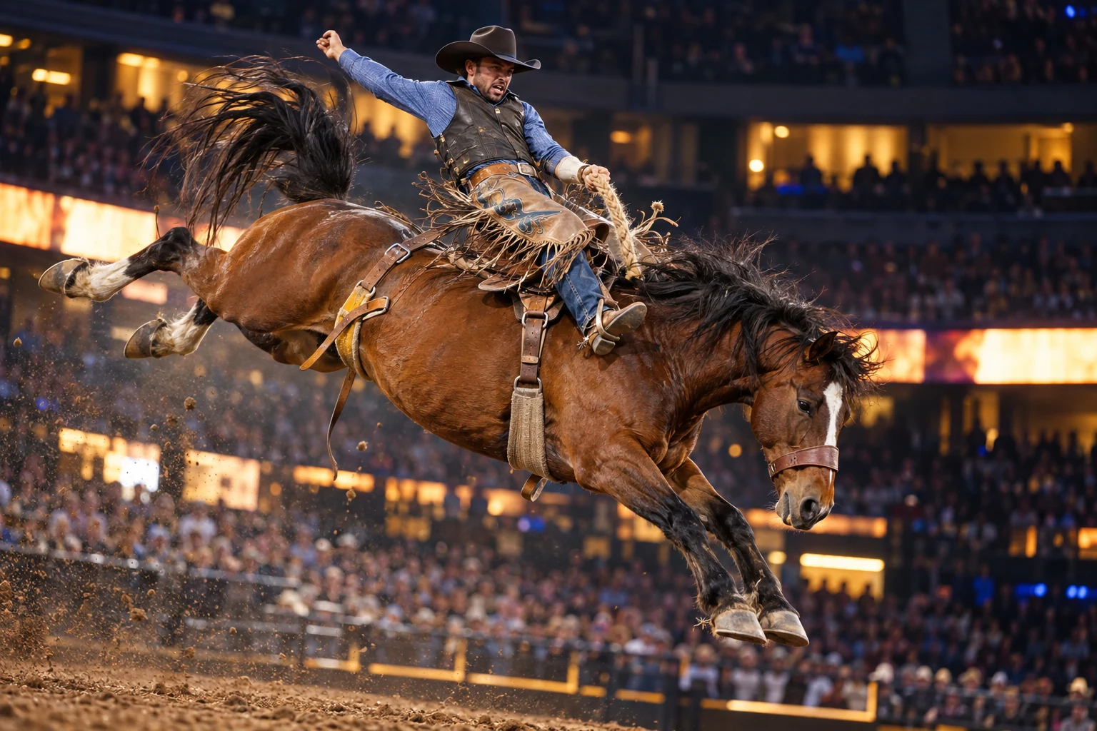Saddle bronc rider with a clearly visible face making a high-scoring arena ride