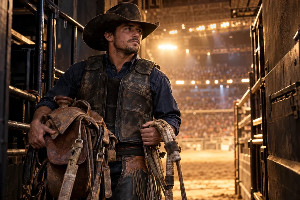 All-around rodeo cowboy with a visible focused face holding his saddle and rope beside the arena