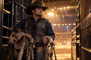 All-around rodeo cowboy with a visible focused face holding his saddle and rope beside the arena